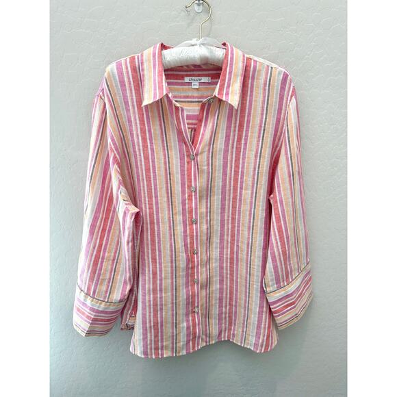 CHICO’S | Multicolor Pink Striped 100% Linen Long Sleeve Button Front Top | 16 - Picture 1 of 7